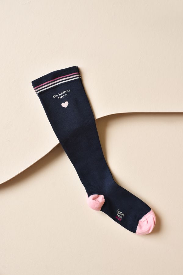 Chaussette de compression bleu signature, talon et pointe roses