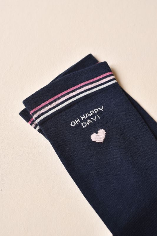 Détail du revers Oh Happy Day de la chaussette bleu signature